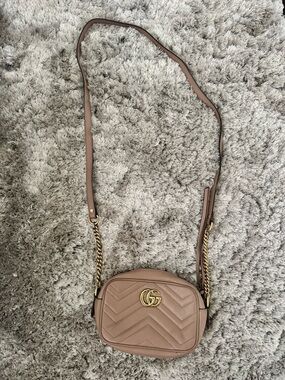Gucci Taupe Quilted GG Marmont Small Crossbody Bag